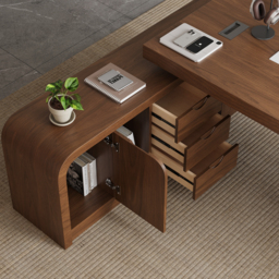 "Modern 70.9"" Walnut L-shaped Executive Desk with Durable Finish & Ergonomic Reclining Leather Office Chair" - thumbnail 8