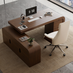 "Modern 70.9"" Walnut L-shaped Executive Desk with Durable Finish & Ergonomic Reclining Leather Office Chair" - thumbnail 1