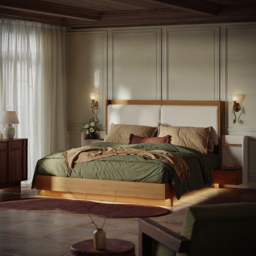 Solid Wood Bed with Leather Extended Headboard & Floating Smart Nightstand Set - thumbnail 2