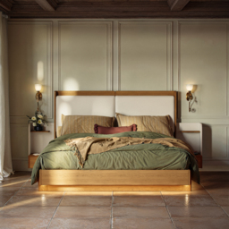 Solid Wood Bed with Leather Extended Headboard & Floating Smart Nightstand Set