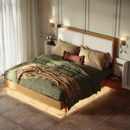 Solid Wood Bed with Leather Extended Headboard & Floating Smart Nightstand Set - thumbnail 3