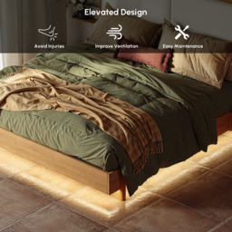 Solid Wood Bed with Leather Extended Headboard & Floating Smart Nightstand Set - thumbnail 7