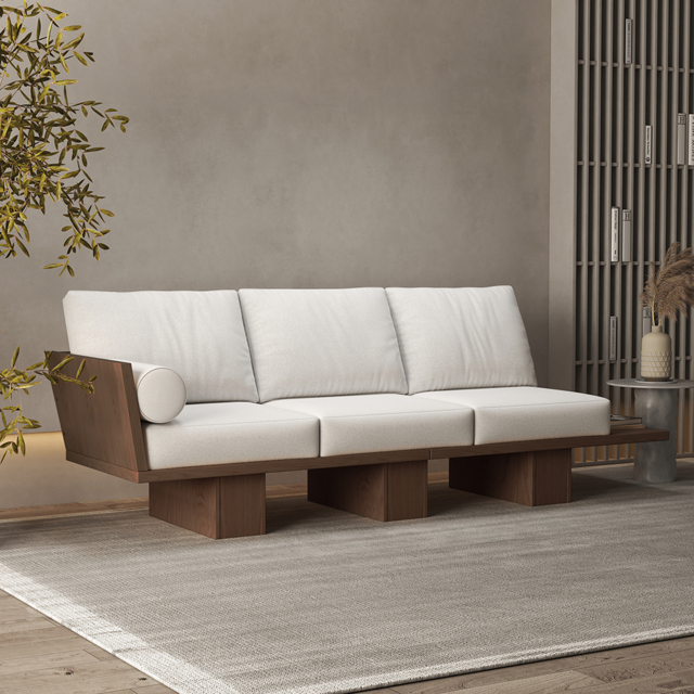 2460mm Walnut Japandi Solid Wood Living Room Sofa 3-Seater Cotton & Linen Upholstery