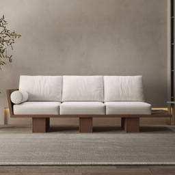 2460mm Walnut Japandi Solid Wood Living Room Sofa 3-Seater Cotton & Linen Upholstery - thumbnail 2