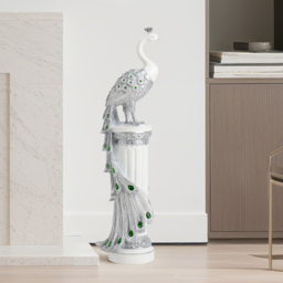 70cm Silver Peacock Statue with Diamond Accents – Luxury Resin Peacock Sculpture - thumbnail 4