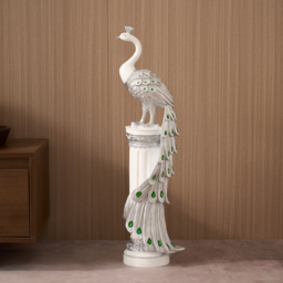 70cm Silver Peacock Statue with Diamond Accents – Luxury Resin Peacock Sculpture - thumbnail 1