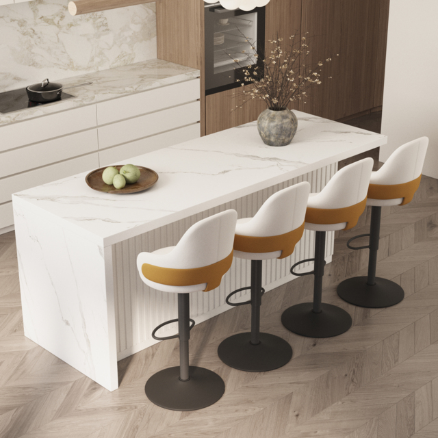 1830mm Large White Kitchen Island & 4 White Velvet Swivel Bar Stools Set Adjustable - image 1