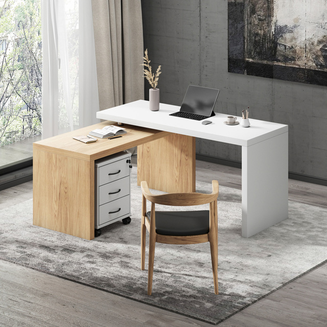 Modern L Shaped Executive Office Desk with with Movable File Cabinet White & Natural Swivel Desk Office Furniture (1520mm) - image 1
