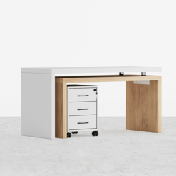 Modern L Shaped Executive Office Desk with with Movable File Cabinet White & Natural Swivel Desk Office Furniture (1520mm) - thumbnail 7