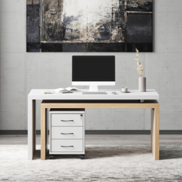 Modern L Shaped Executive Office Desk with with Movable File Cabinet White & Natural Swivel Desk Office Furniture (1520mm) - thumbnail 2