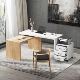 Modern L Shaped Executive Office Desk with with Movable File Cabinet White & Natural Swivel Desk Office Furniture (1520mm) - thumbnail 4