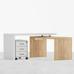 Modern L Shaped Executive Office Desk with with Movable File Cabinet White & Natural Swivel Desk Office Furniture (1520mm) - thumbnail 8