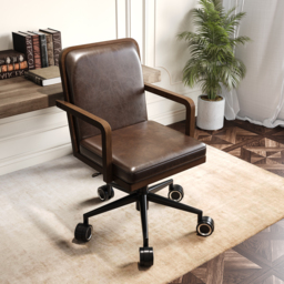 Adjustable High Back Mid-Century Office Chair Faux Leather & Wood Comfy Office Chair in Brown - thumbnail 1