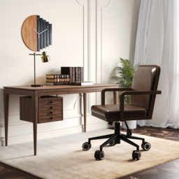 Adjustable High Back Mid-Century Office Chair Faux Leather & Wood Comfy Office Chair in Brown - thumbnail 3