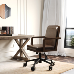 Adjustable High Back Mid-Century Office Chair Faux Leather & Wood Comfy Office Chair in Brown - thumbnail 4