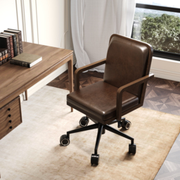 Adjustable High Back Mid-Century Office Chair Faux Leather & Wood Comfy Office Chair in Brown - thumbnail 2