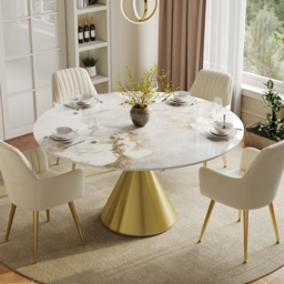"Modern 47"" Round Glossy Sintered Stone Dining Table with Gold Metal Pedestal Base, Seats 4"