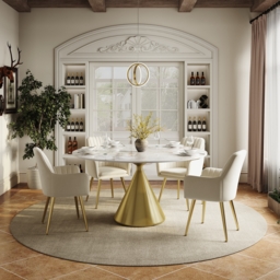 "Modern 47"" Round Glossy Sintered Stone Dining Table with Gold Metal Pedestal Base, Seats 4" - thumbnail 4