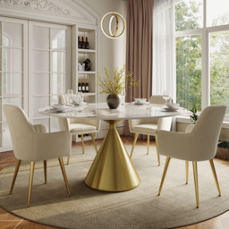 "Modern 47"" Round Glossy Sintered Stone Dining Table with Gold Metal Pedestal Base, Seats 4" - thumbnail 2