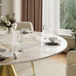 "Modern 47"" Round Glossy Sintered Stone Dining Table with Gold Metal Pedestal Base, Seats 4" - thumbnail 6
