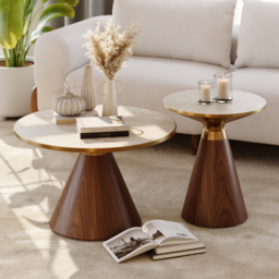 Travertine Sintered Stone Round Coffee Table 2 Pieces Set Modern Walnut Living Room Furniture - thumbnail 3