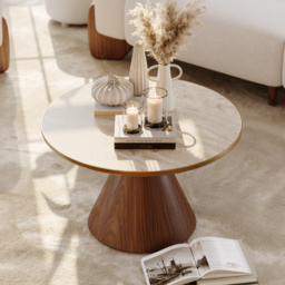 Travertine Sintered Stone Round Coffee Table 2 Pieces Set Modern Walnut Living Room Furniture - thumbnail 6