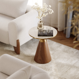 Travertine Sintered Stone Round Coffee Table 2 Pieces Set Modern Walnut Living Room Furniture - thumbnail 8