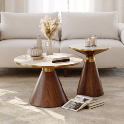 Travertine Sintered Stone Round Coffee Table 2 Pieces Set Modern Walnut Living Room Furniture