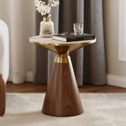Travertine Sintered Stone Round Coffee Table 2 Pieces Set Modern Walnut Living Room Furniture - thumbnail 7