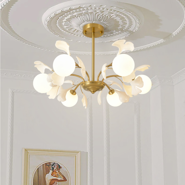 Modern Cream Style 6-Light Ceiling Light Gold & White Round Pendant Lighting - image 1