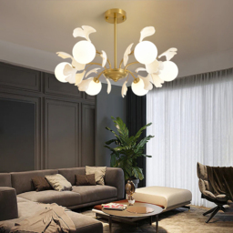 Modern Cream Style 6-Light Ceiling Light Gold & White Round Pendant Lighting - thumbnail 3