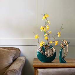 2PCS Modern Yellow Artificial Flower Arrangement in Green Ceramic Magpie Vase Home Decor - thumbnail 4