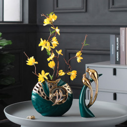 2PCS Modern Yellow Artificial Flower Arrangement in Green Ceramic Magpie Vase Home Decor - thumbnail 1
