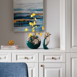 2PCS Modern Yellow Artificial Flower Arrangement in Green Ceramic Magpie Vase Home Decor - thumbnail 3
