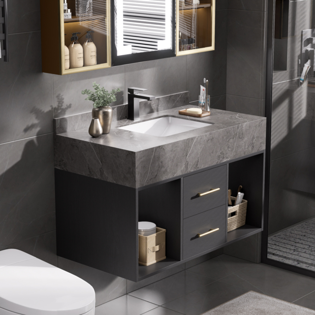 90 cm Floating Bathroom Vanity with Sintered Stone Vessel Sink with 2 Drawers - image 1
