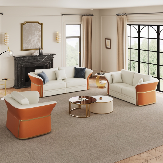 Modern Faux Leather Living Room Sofa Set in White & Orange Set of 3 - image 1
