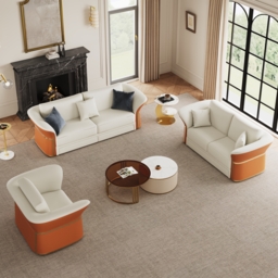 Modern Faux Leather Living Room Sofa Set in White & Orange Set of 3 - thumbnail 2