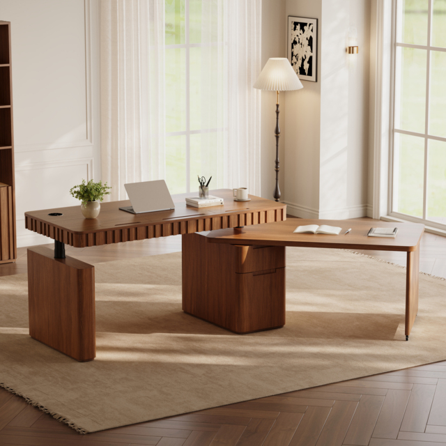 "Aura 63"" Walnut Fluted 360-Degree Rotating Electric Adjustable Standing Desk" - image 1