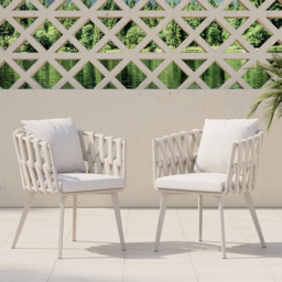 Outdoor Rope Weave & Aluminium Dining Chairs in Beige, Set of 6 - thumbnail 1