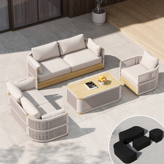 Costra Modern Aluminium & Rope Outdoor Swivel Sofa Set with Coffee Table & Cover in Ivory - image 1