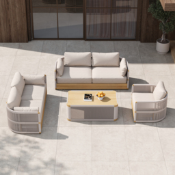 Costra Modern Aluminium & Rope Outdoor Swivel Sofa Set with Coffee Table & Cover in Ivory - thumbnail 2