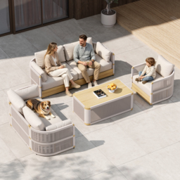 Costra Modern Aluminium & Rope Outdoor Swivel Sofa Set with Coffee Table & Cover in Ivory - thumbnail 5