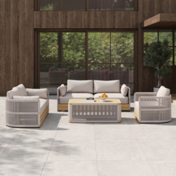 Costra Modern Aluminium & Rope Outdoor Swivel Sofa Set with Coffee Table & Cover in Ivory - thumbnail 3
