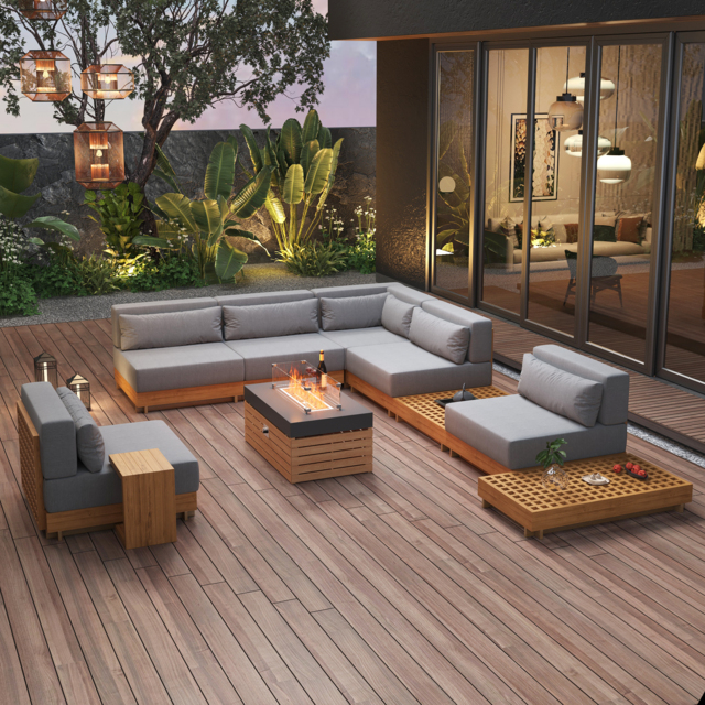 Grida 991 mm Propane Gas Fire Pit Table With Glass & Teak Modular Outdoor Sectional Sofa Set - image 1