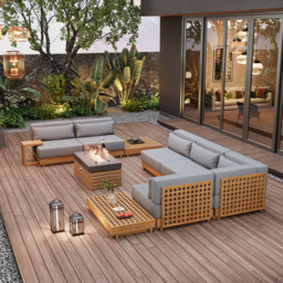 Grida 991 mm Propane Gas Fire Pit Table With Glass & Teak Modular Outdoor Sectional Sofa Set - thumbnail 3