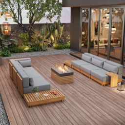 Grida 991 mm Propane Gas Fire Pit Table With Glass & Teak Modular Outdoor Sectional Sofa Set - thumbnail 4