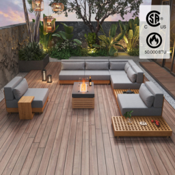 Grida 991 mm Propane Gas Fire Pit Table With Glass & Teak Modular Outdoor Sectional Sofa Set - thumbnail 2