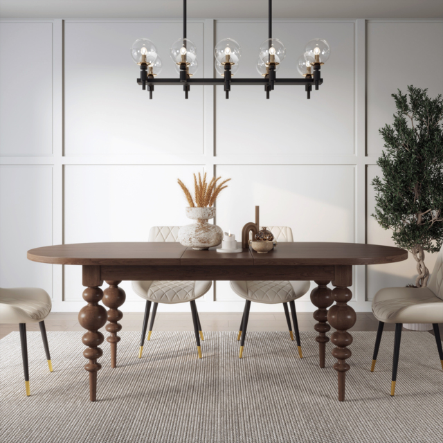 Oval Dining Table Extendable with Turned Legs for 4-8 Person Antique Walnut - image 1