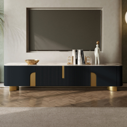 Artis Modern Black TV Stand Stone Top 4 Doors with Storage Media Console TVs up to 215 cm