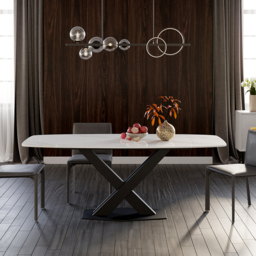 180 cm Modern Extendable White Sintered Stone Dining Table with Leaf X-Base 4-6 Seater - thumbnail 2